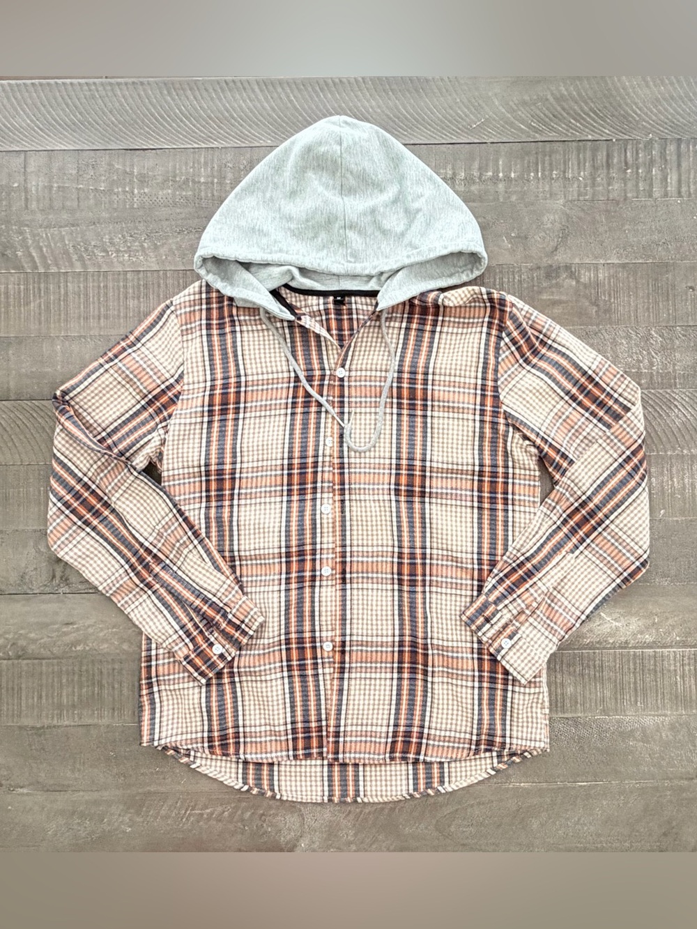 Men’s Hooded Plaid Button-Up Jacket - Gray Hood, Brown/Tan/Blue Plaid - Size M